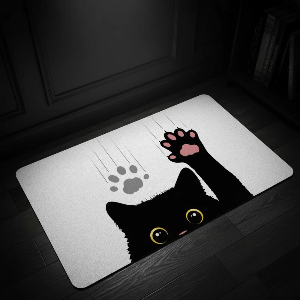 🐾 You're Here. The Cat Is Judging You. — Black & White Cat Welcome Mat