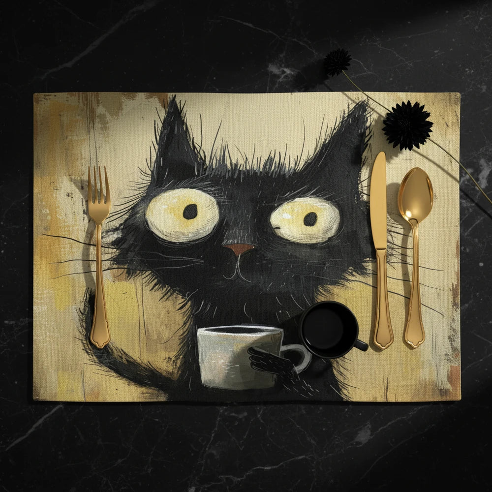 🐾 Dinner Is Served — Black Cat Linen Placemat