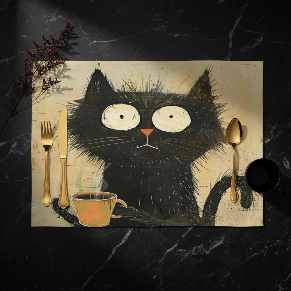 🐾 Dinner Is Served — Black Cat Linen Placemat
