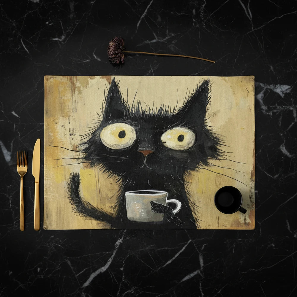 🐾 Dinner Is Served — Black Cat Linen Placemat
