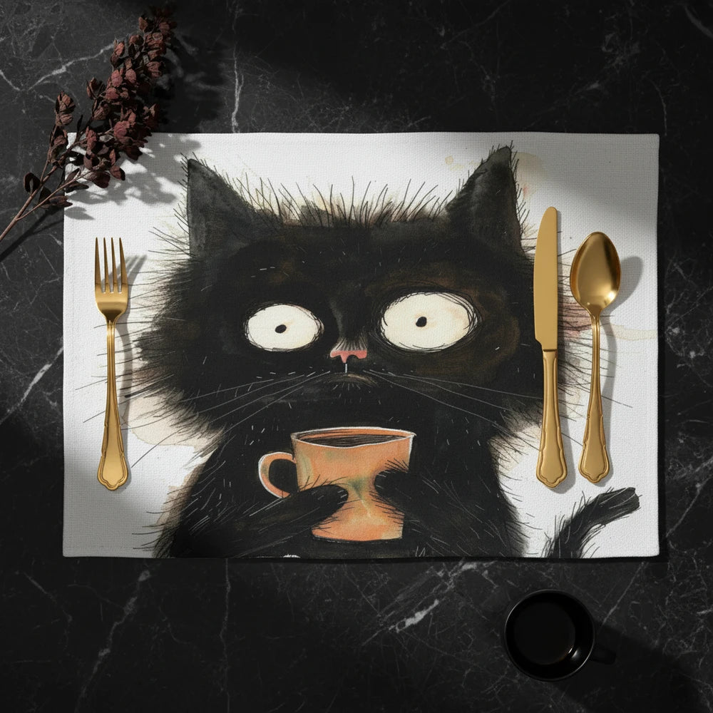 🐾 Dinner Is Served — Black Cat Linen Placemat
