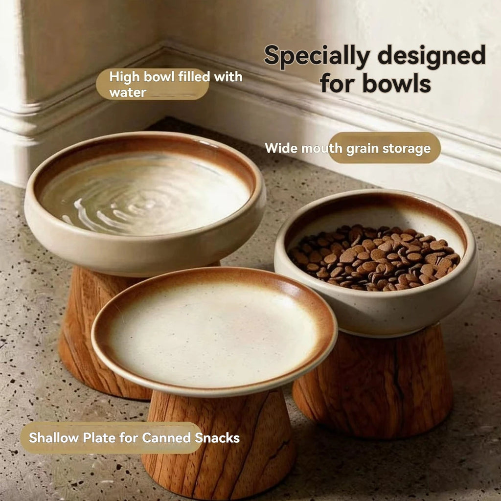 Dine in Style — Elevated Ceramic Cat Bowl with Wood Base