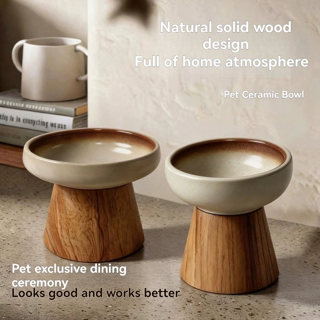 Dine in Style — Elevated Ceramic Cat Bowl with Wood Base