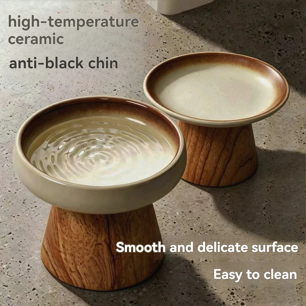 Dine in Style — Elevated Ceramic Cat Bowl with Wood Base