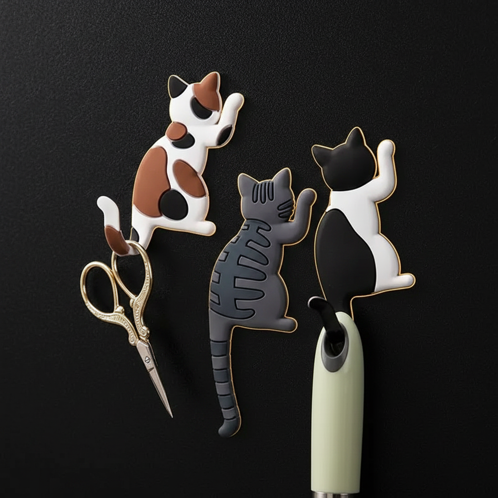 Cat Magnets on Dark Surface with Scissors