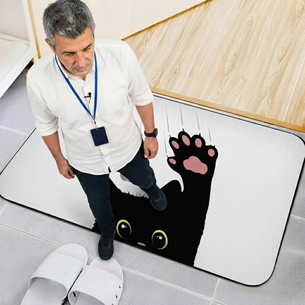 🐾 You're Here. The Cat Is Judging You. — Black & White Cat Welcome Mat
