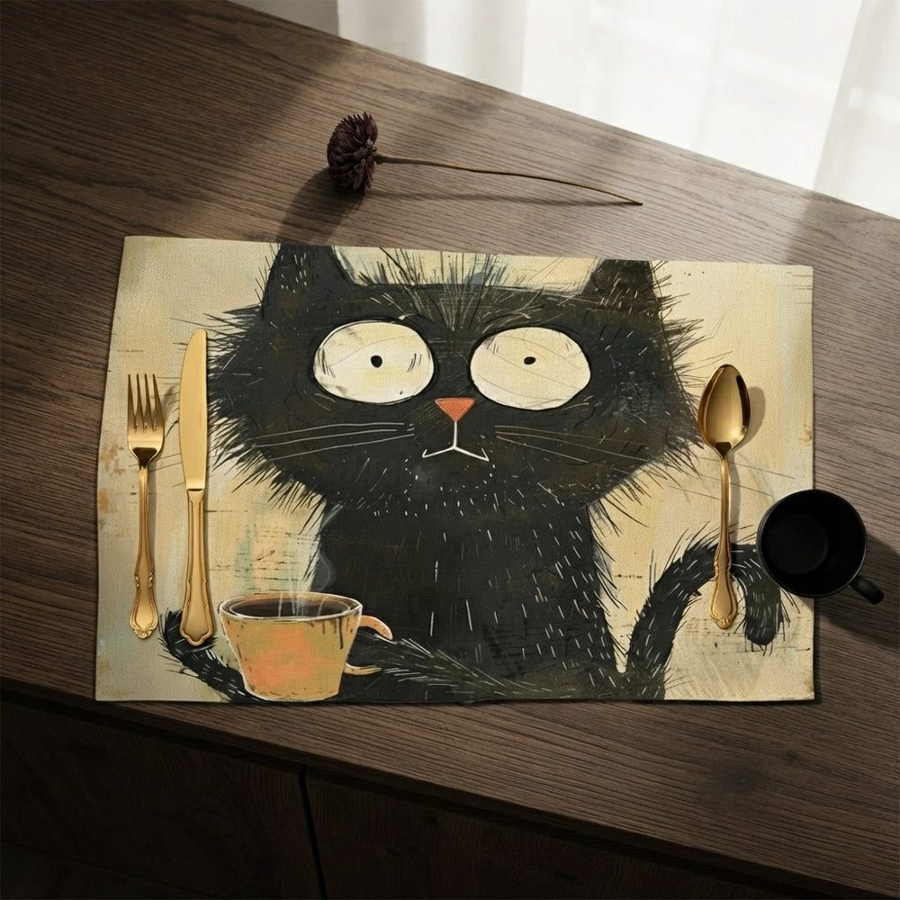 🐾 Dinner Is Served — Black Cat Linen Placemat