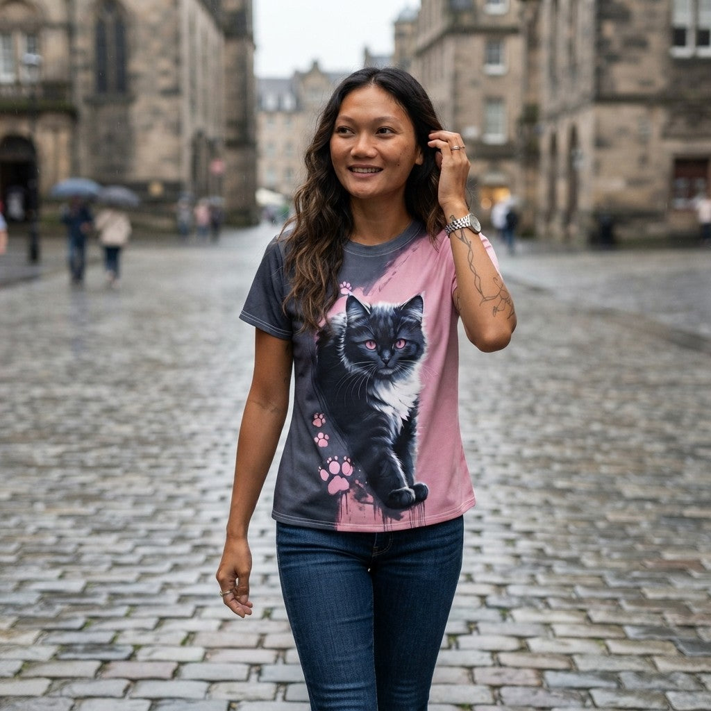 Pink-Eyed Menace — Black &amp; White Cat Print Tee