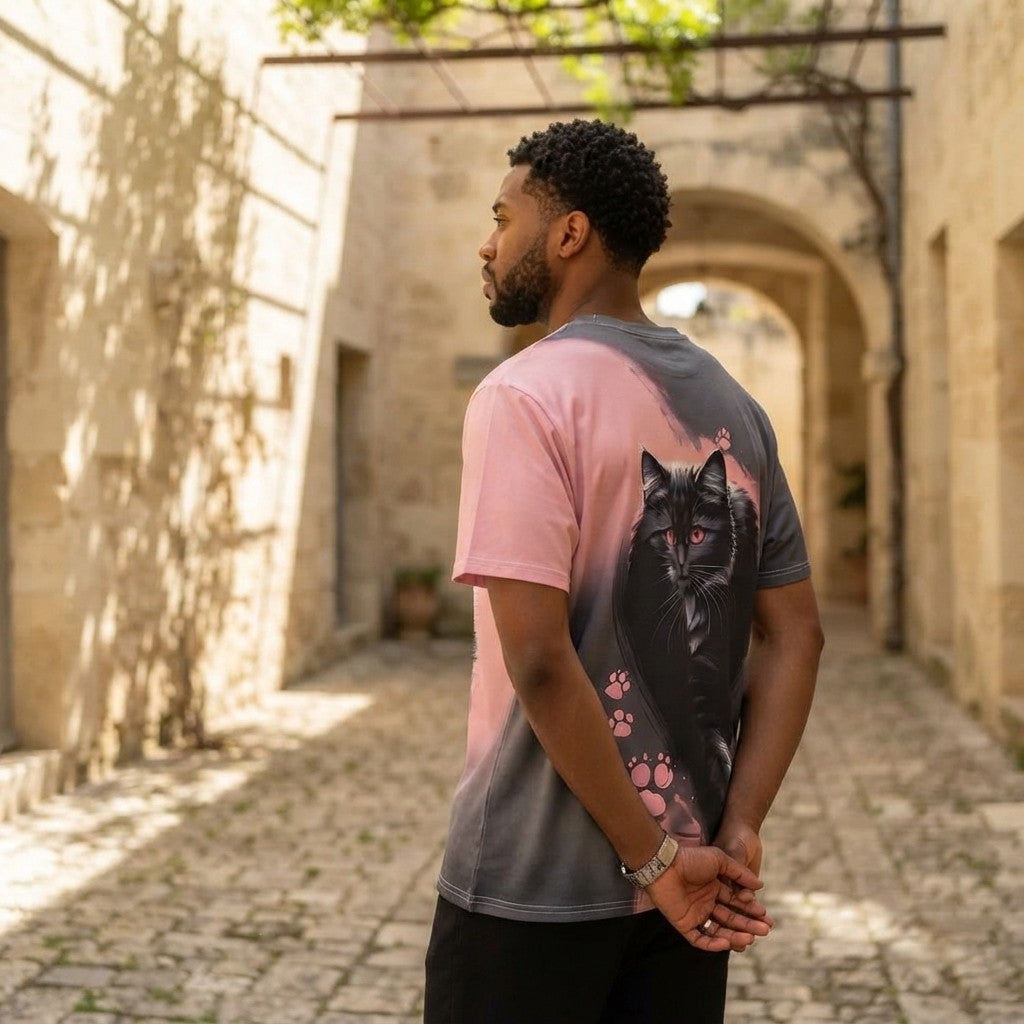Pink-Eyed Menace — Black &amp; White Cat Print Tee