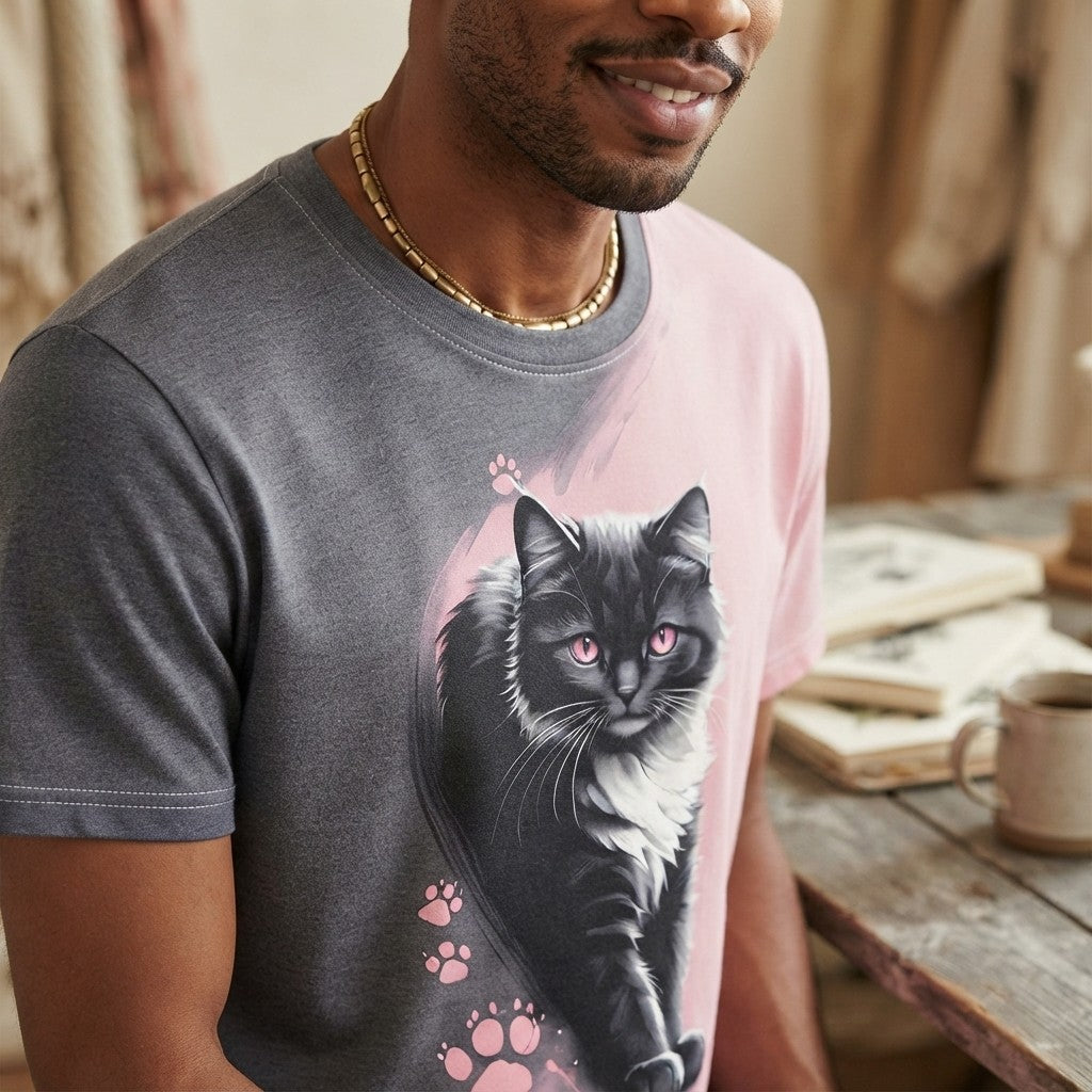 Pink-Eyed Menace — Black &amp; White Cat Print Tee